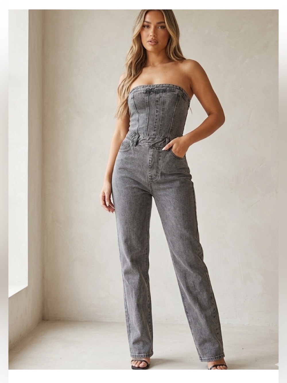 Grey Denim Strapless Jumpsuit